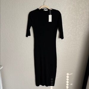 Vince Ribbed Black Elbow Sleeve Midi Dress XS